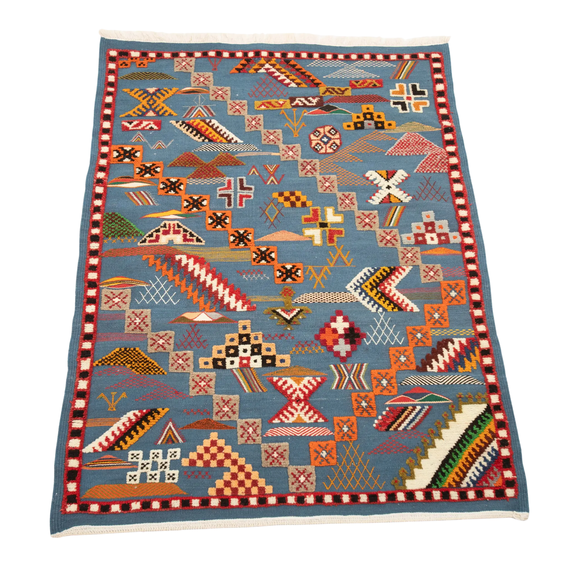 Full view of a handwoven Moroccan rug with a deep blue background and vibrant multicolored motifs.